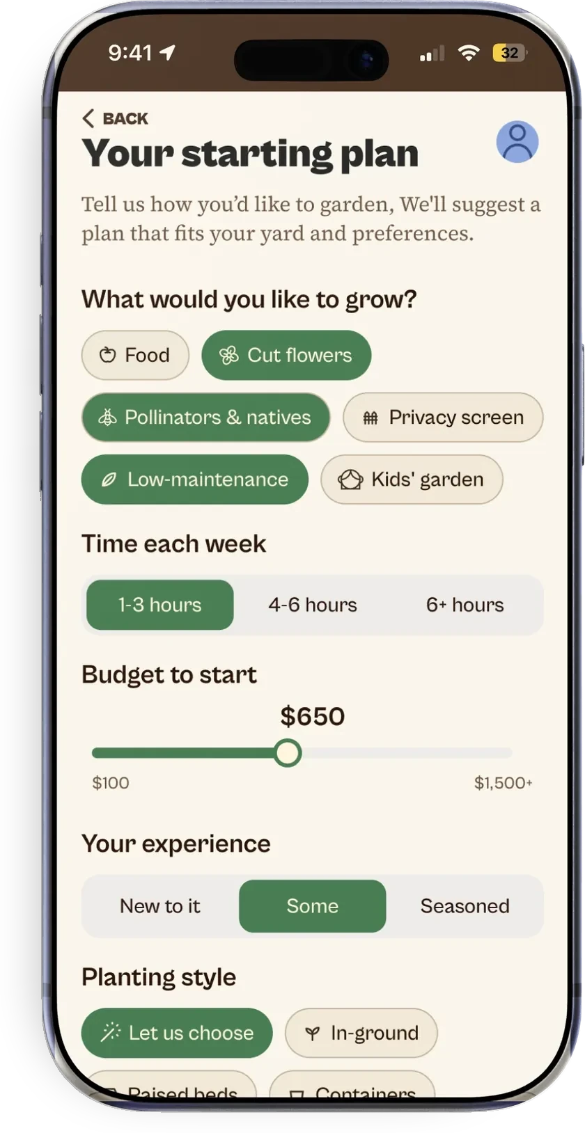 Ezina Dig: a starting-plan screen with growing preferences, weekly time, starting budget, and planting style.