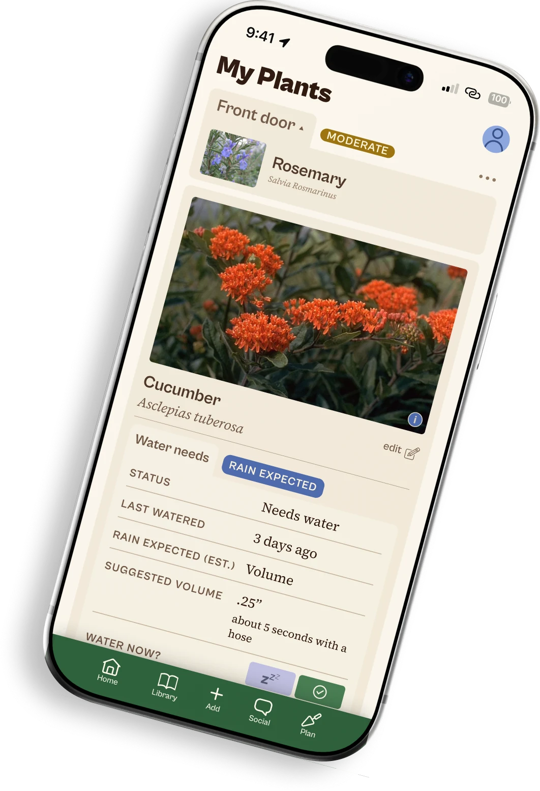 The Ezina app's My Plants screen: a Front door group with rosemary, and a plant card showing water needs, last watered, rain expected and a suggested volume.