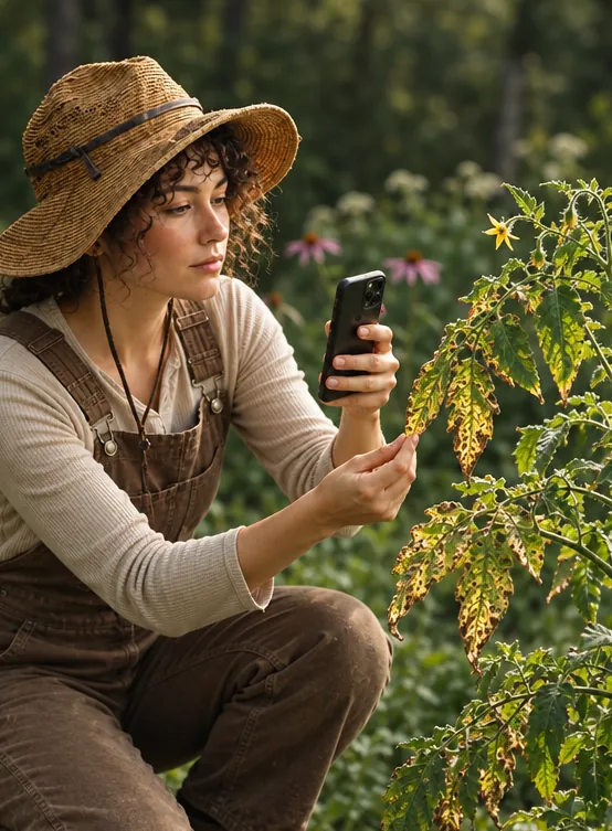A gardener in a straw hat photographs a tomato plant's yellowing, spotted leaves with her phone.