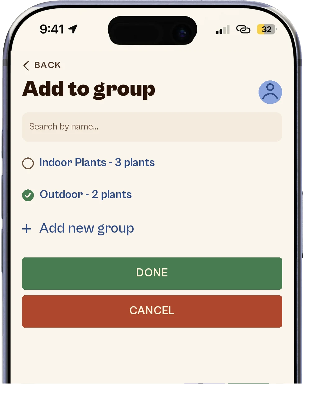 Ezina's Add to group screen after a confirmed match: a search field, the groups Indoor Plants with 3 plants and Outdoor with 2 plants, Outdoor chosen, an Add new group link, and Done or Cancel.
