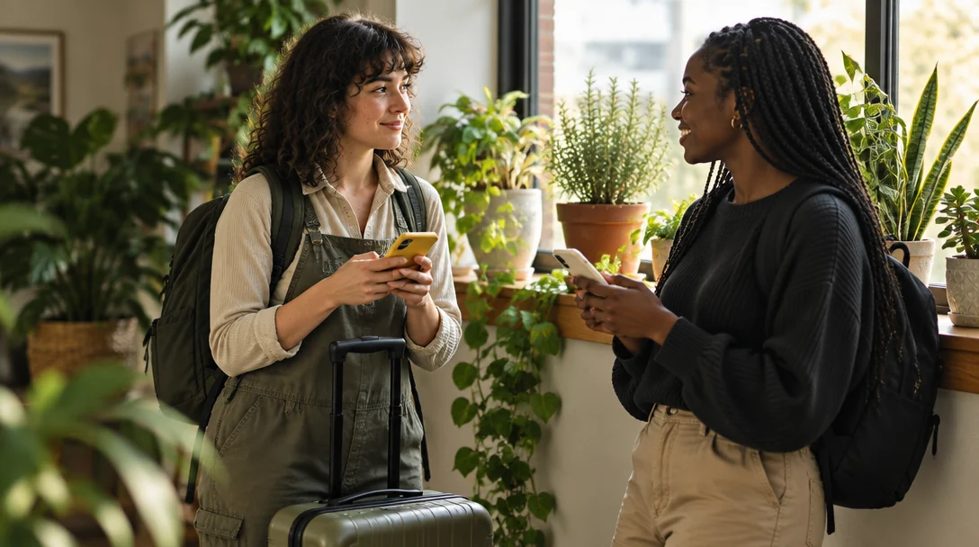 Two people with backpacks, one with a rolling suitcase, smile over their phones in a room full of houseplants.